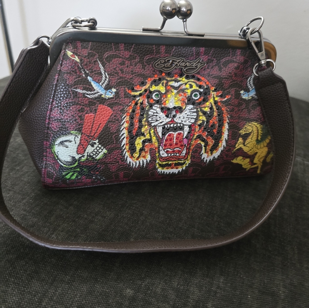 Ed Hardy Burgundy Embroidered Tiger Frame-Top Bag - Picture 9 of 10